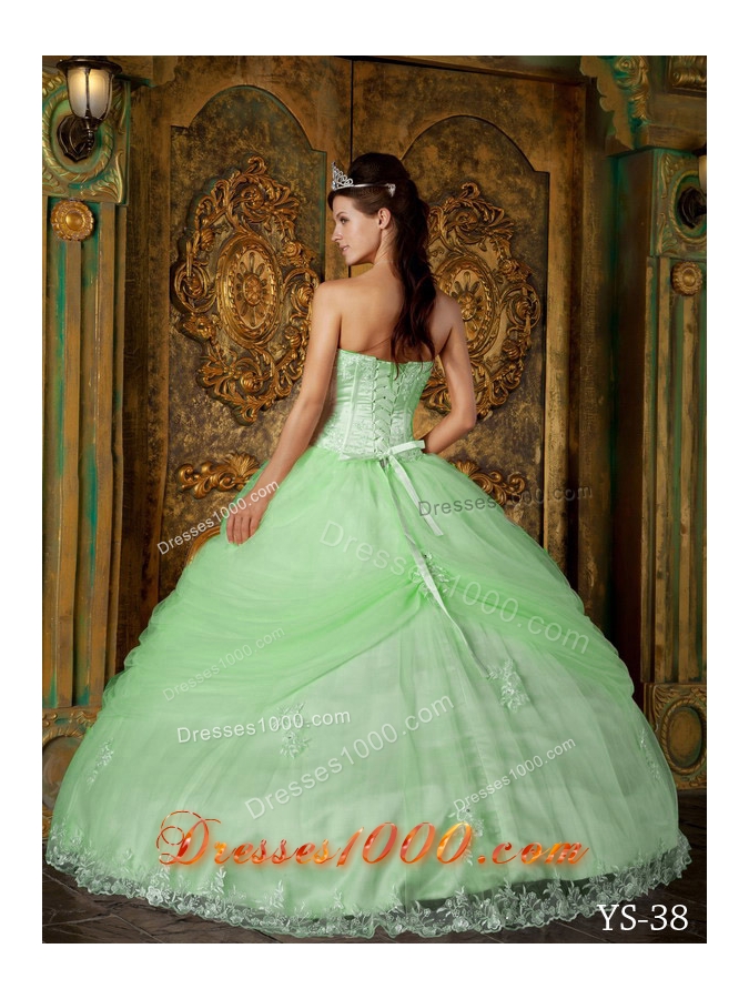 Princess Strapless Tulle Quinceanera Dresses with Appliques and Flowers