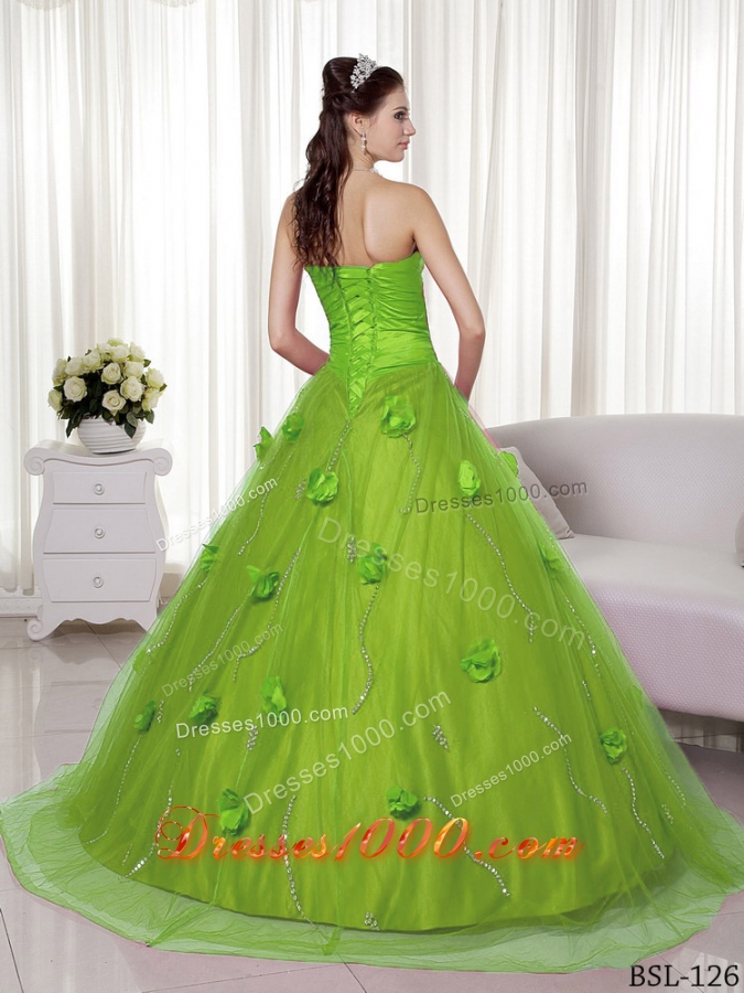 Princess Sweetheart Lime Green Quinceaneras Dress with Hand Made Flowers