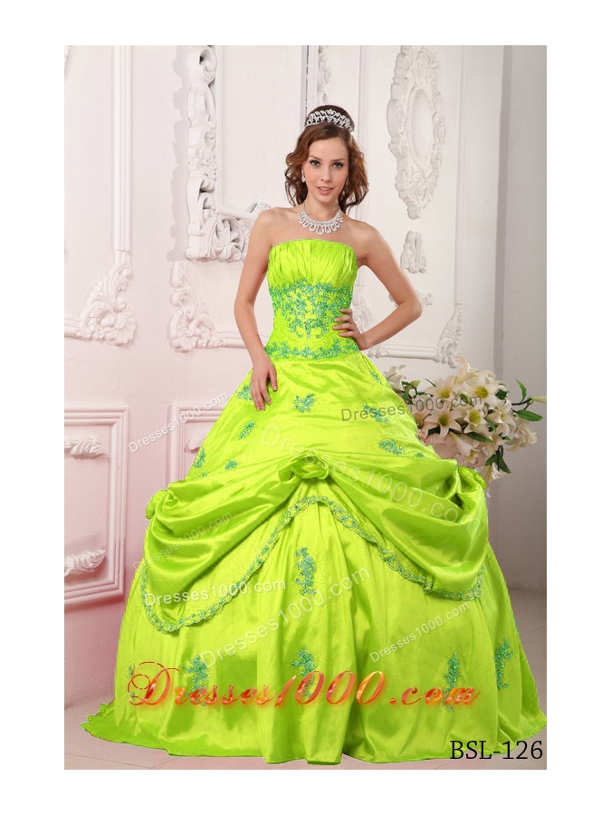 Strapless Taffeta Lime Green Quinceanera Dress with Appliques and Flowers