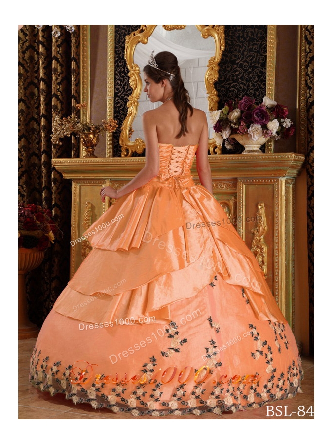 Cheap Orange Sweetheart Taffeta Appliques Quinceanera Gowns