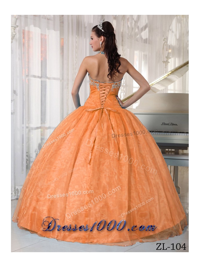 Elegant Orange Sweetheart Organza Appliques Dresses For Quinceaneras
