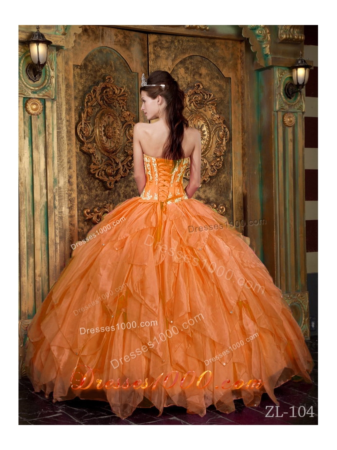 Gorgeous Organza Strapless Appliques Orange Dress For Quinceanera