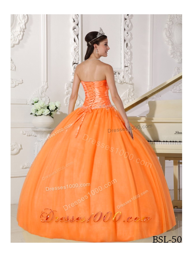 New Style Orange Puffy Strapless Sweet 16 Dresses with Appliques