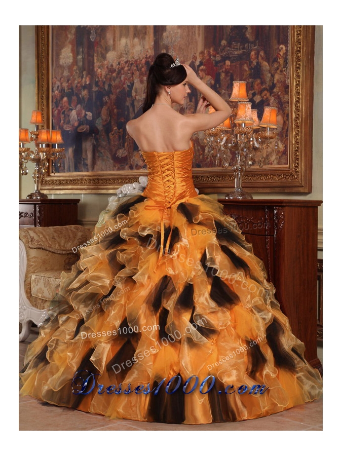 Orange and Black Strapless Organza Quinceanera Dress with Beading and Ruffles