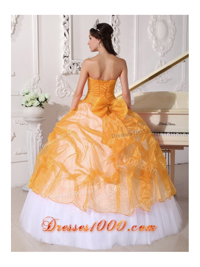 Orange and White Strapless Organza Sweet 15 Dresses with Appliques and Pick-ups
