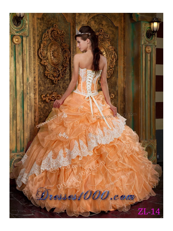 Orange Princess Strapless Ruffles and Appliques Organza Sweet Sixteen Dresses