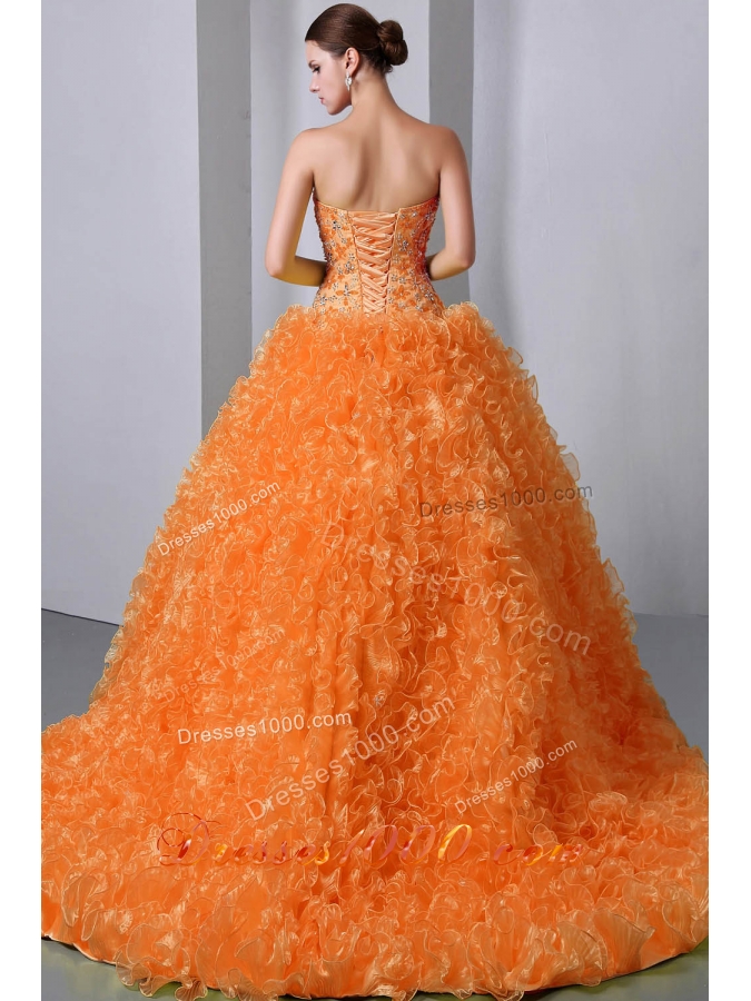 Orange Princess Sweetheart Brush Train Organza Quinceanea Dresses with Beading and Ruffles
