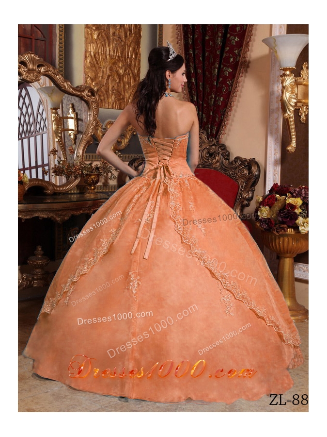 Orange Puffy Strapless Organza Appliques Quinceaneras Dresses
