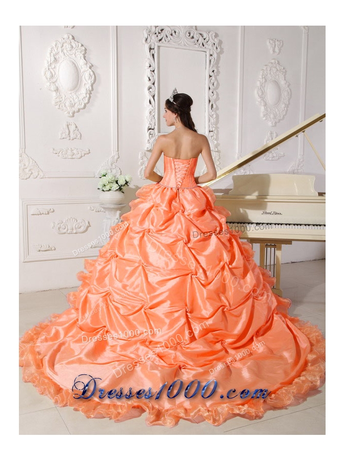 Orange Red Strapless Chapel Train Quinceanera Gowns with Beading