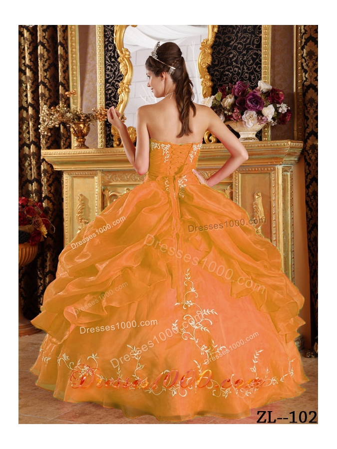 Orange Strapless Embroidery and Pick-ups Organza Quinceanera Gown Dress