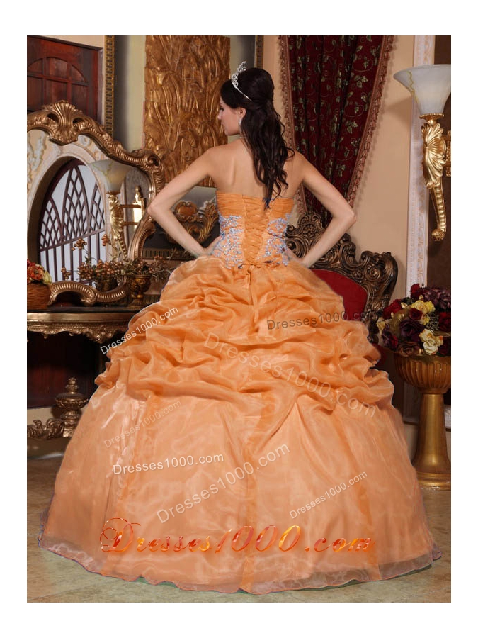 Orange Strapless Organza Quinceanera Dress with Appliques and Pick-ups