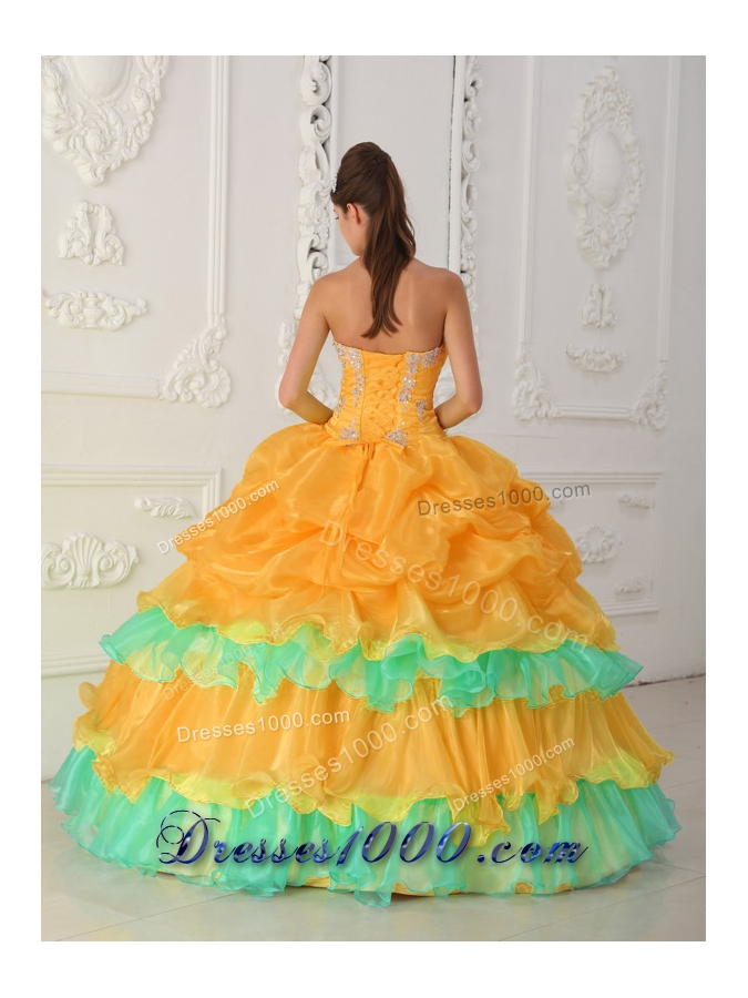 Orange Strapless Organza Quincenera Dresses with Ruffles and Beading