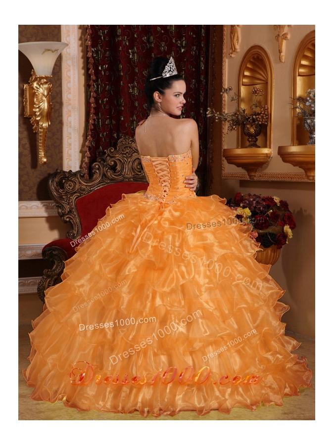 Orange Strapless Organza Sweet Sixteen Dresses with Beading and Layers