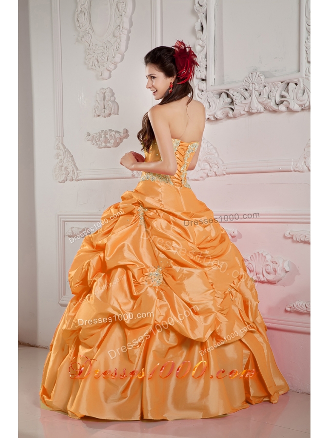 Orange Strapless Taffeta Appliques and Beading Dresses For a Quince