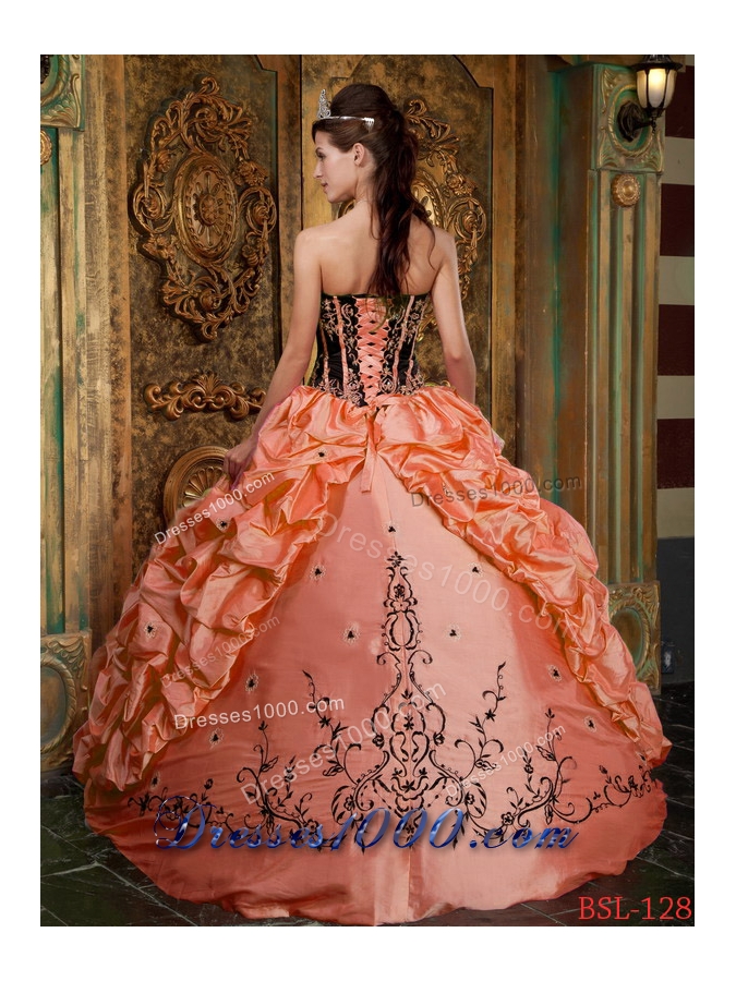 Orange Strapless Taffeta Sweet 15 Dresses with Black Embroidery