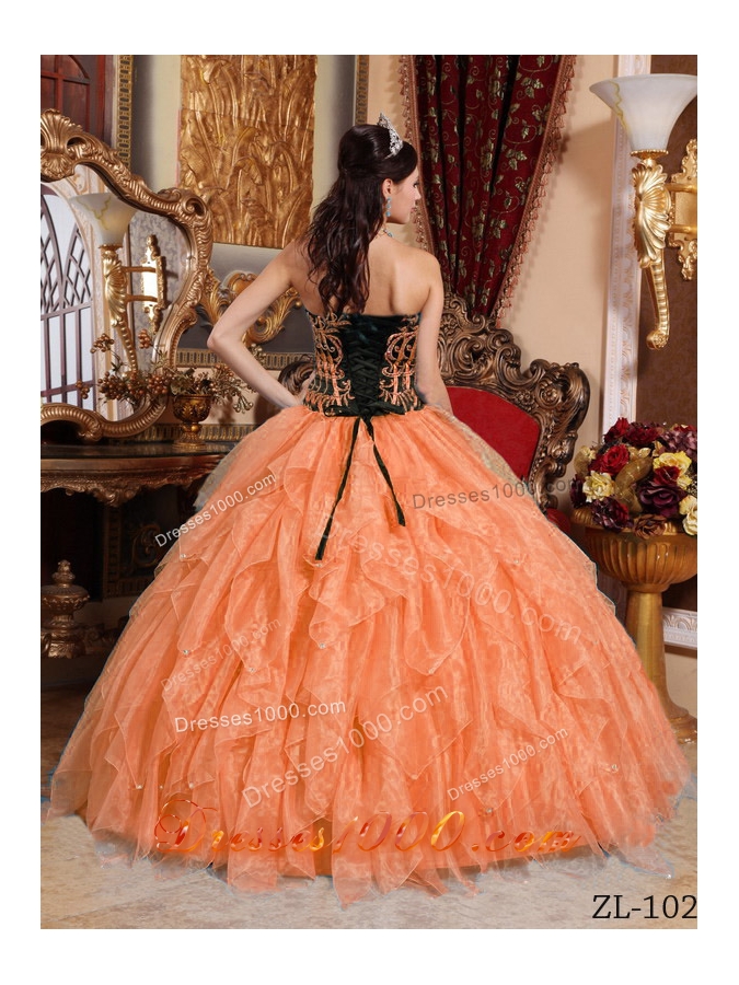 Orange Sweetheart Embroidery with Beading Dresses For a Quinceanera
