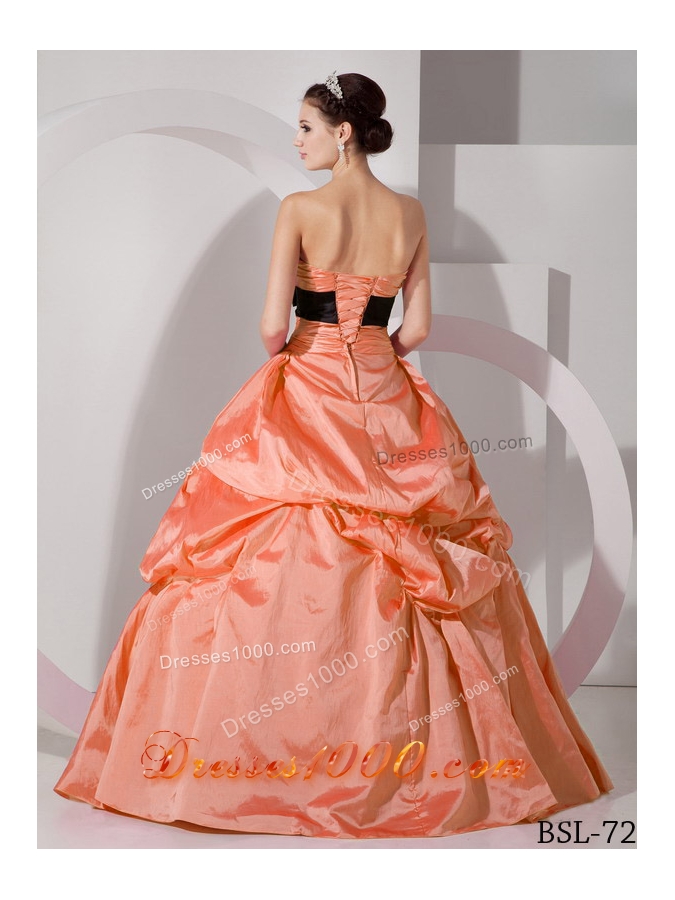 Orange Sweetheart Princess Discount Quinceanea Dresses with Black Sash