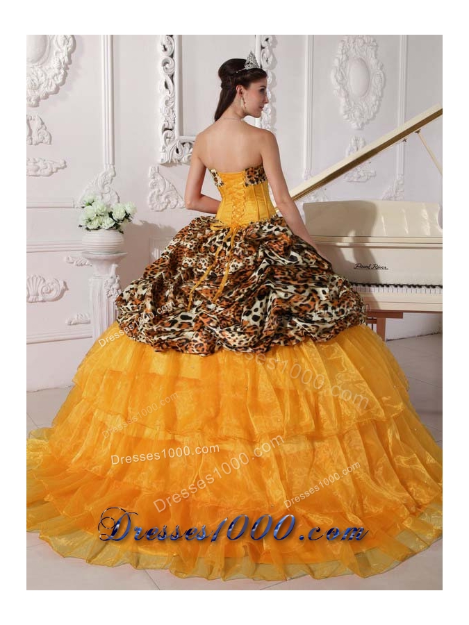 Orange Sweetheart Sweep Train Leopard Quinceneara Dresses with Pick-ups