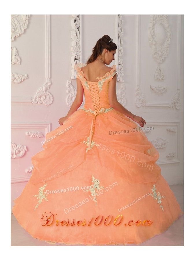 Orange V-neck Quinceanera Gowns with Beading and Appliques
