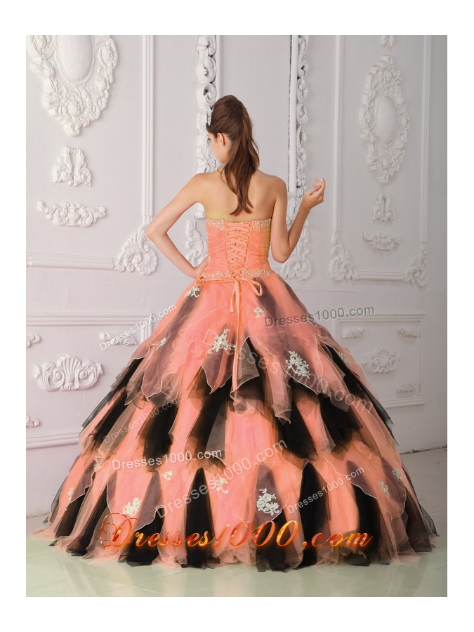 Organza Princess Strapless Orange and Black Quinceanera Dresses with Appliques
