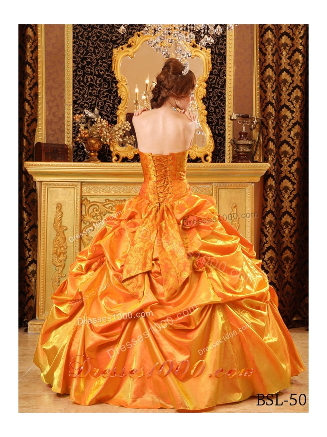 Popular Taffeta Hand Made Flowers and Pick-ups Orange Quinceneara Dresses