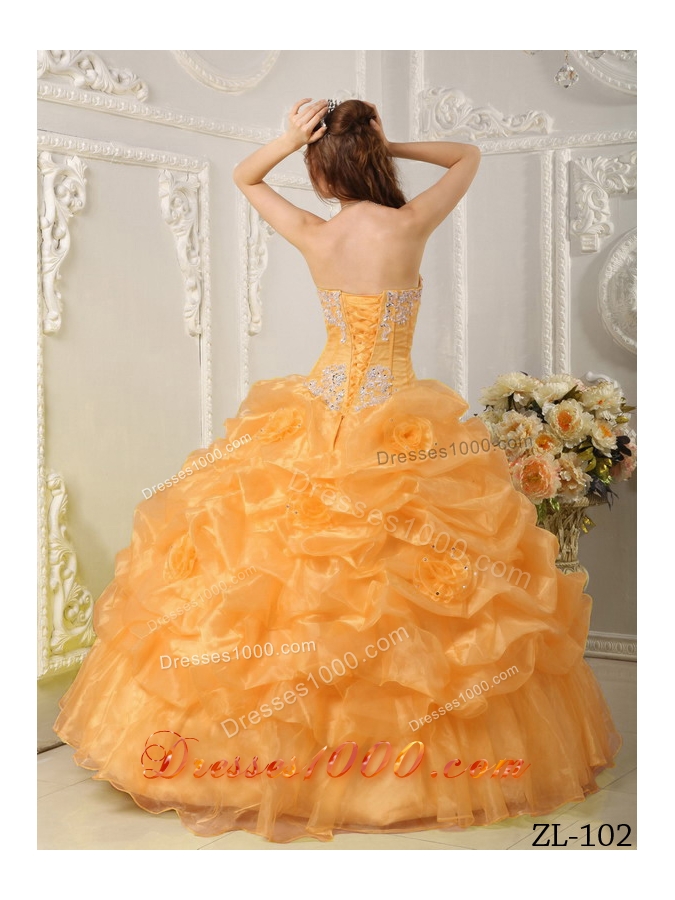 Puffy Pick-ups Strapless Organza Appliques and Beading Quinceanera Dresses