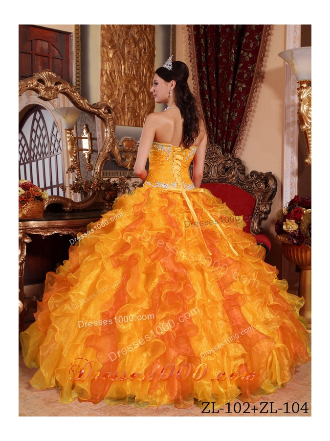Ruffled Sweetheart Organza Appliques and Beading Quinceanera Dress in Orange
