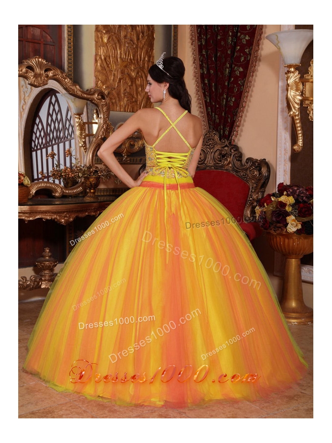 Spaghetti Straps Yellow Puffy Quinceanera Dresses with Beading