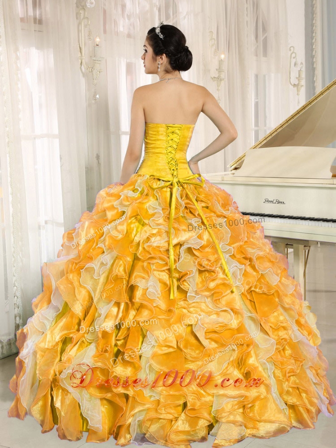 Custom Made For 2014 Yellow and Orange Quinceanera Dress with Beading and Ruffles