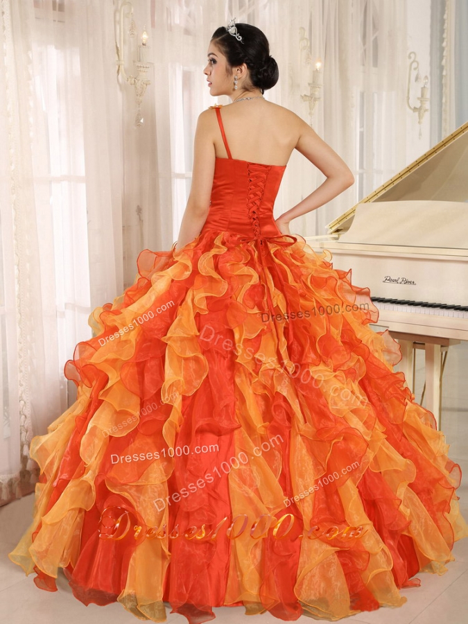 Custom Made Orange One Shoulder Beaded Decorate Quinceanera Dress with Ruffles