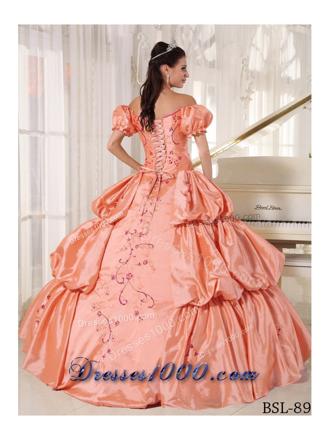 Off The Shoulder Orange Quinceanera Gowns Dresses with Embroidery and Pick-ups