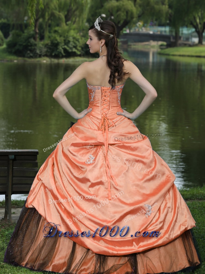 Orange and Black Appliques and Flowers Quinceanera Dresses Custom Made