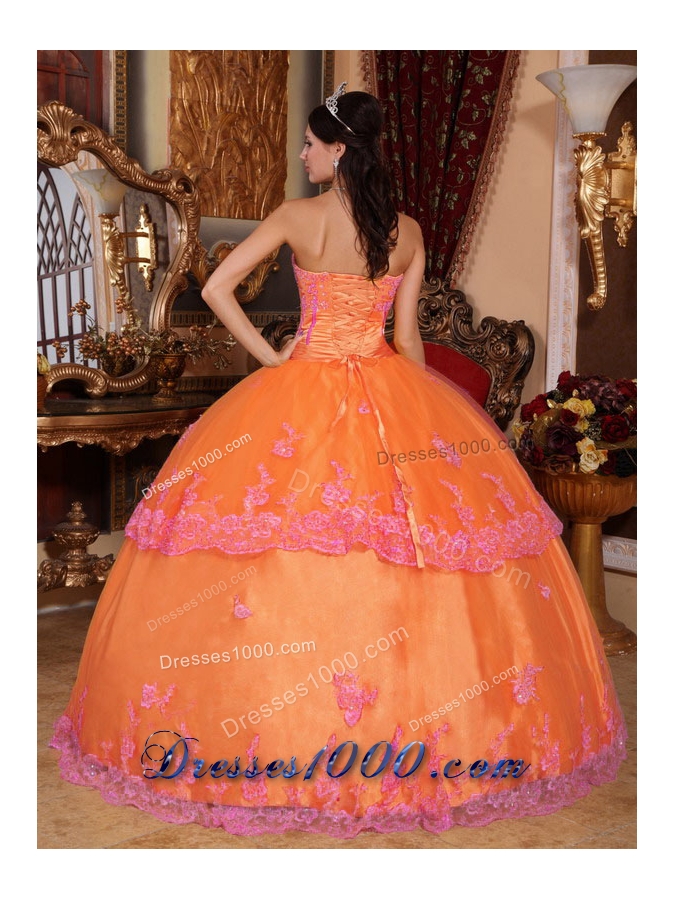 Organza Puffy Strapless Orange Quincenera Dresses with Appliques