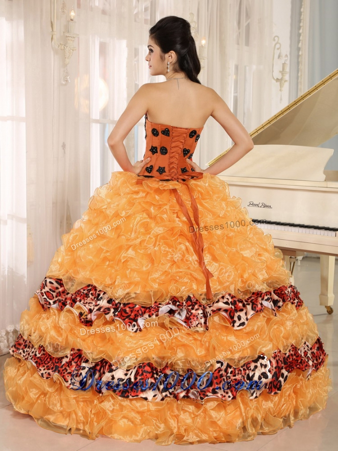 Pretty Orange Sweetheart Leopard Sweet 16 Dresses with Ruffles