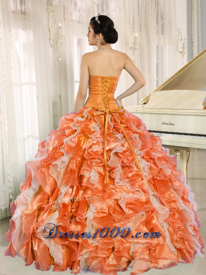 Beaded and Ruffles Custom Made For 2013 Orange Red Sweetheart Quinceanera Dresses