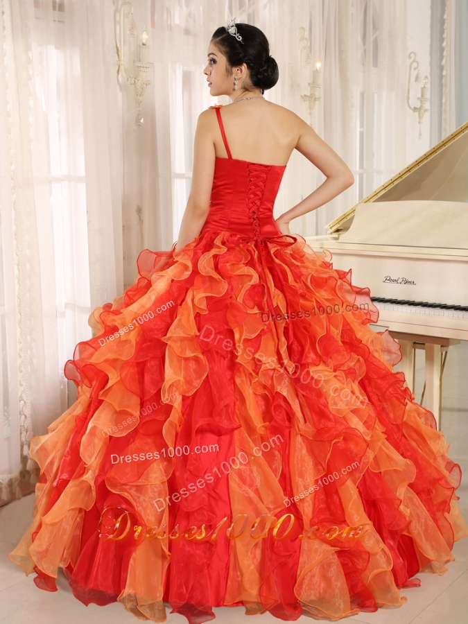 Custom Made Orange Red One Shoulder Quincenera Dresses with Ruffles and Beading