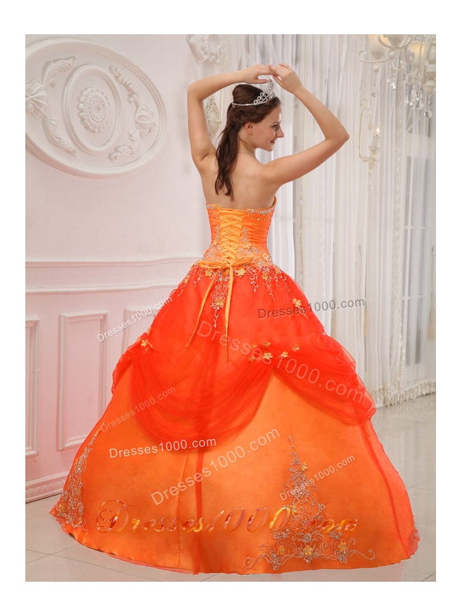 Elegant Orange Red Princess Strapless Quinceanera Dress with Appliques