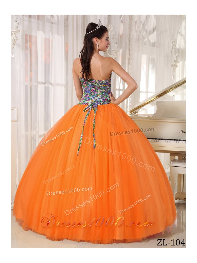 Fashionable Strapless Printing Orange Red Quinceanera Dresses