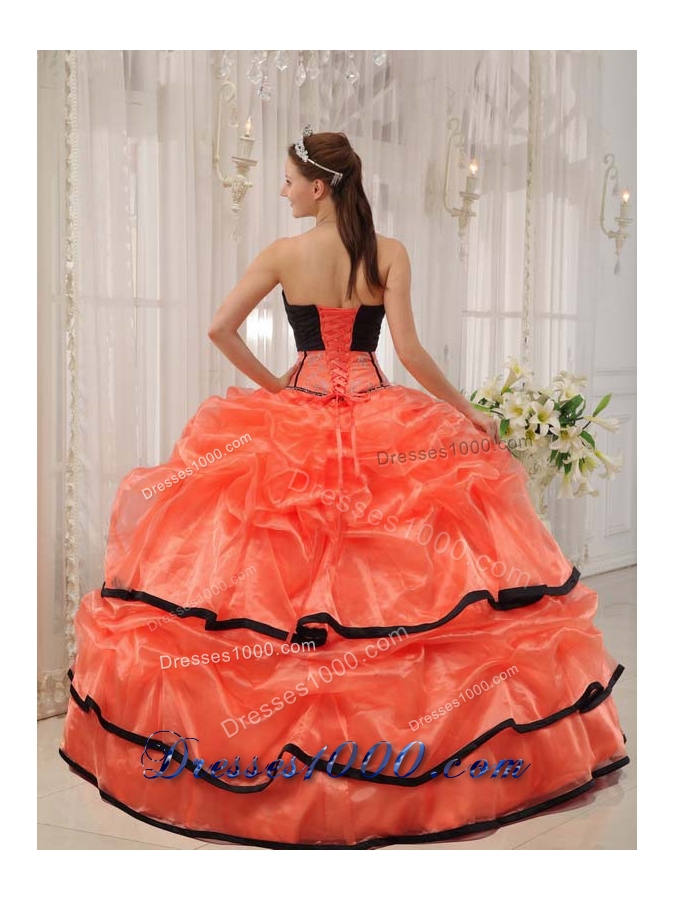 Orange Red and Black Strapless Organza Quinceaneras Dress with Beading and Pick-ups