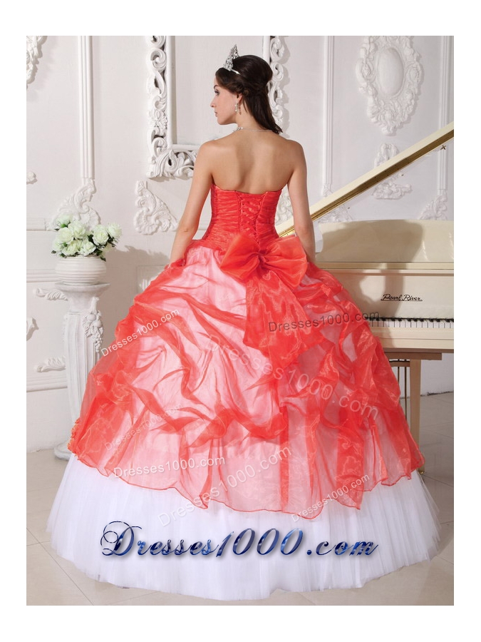 Orange Red and White Strapless Organza Quinceneara Dresses with Appliques