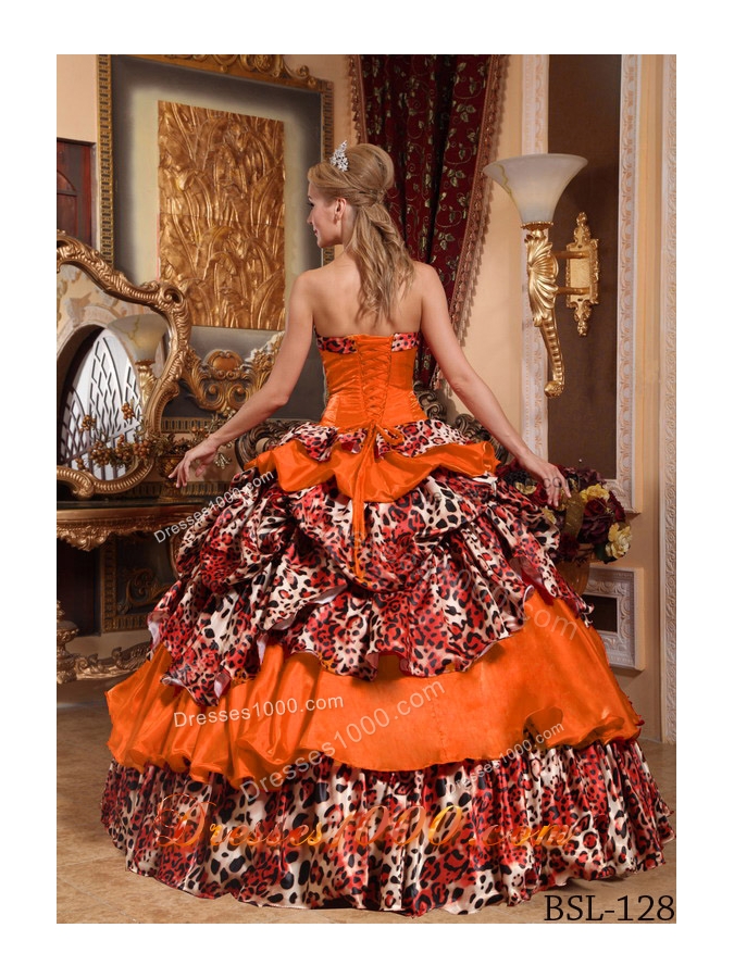 Orange Red Ball Gown Strapless Leopard Pick-ups Dresses For a Quince