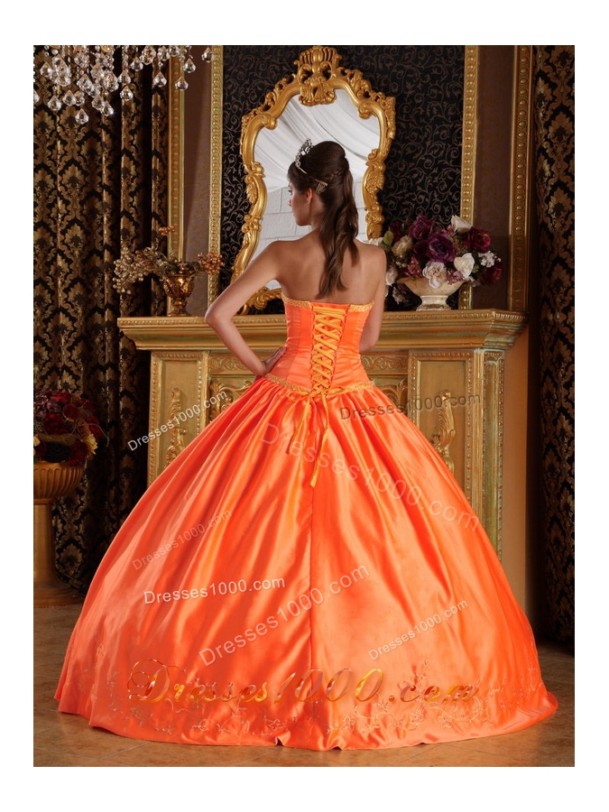 Orange Red Puffy Embroidery Dresses For a Quinceanera