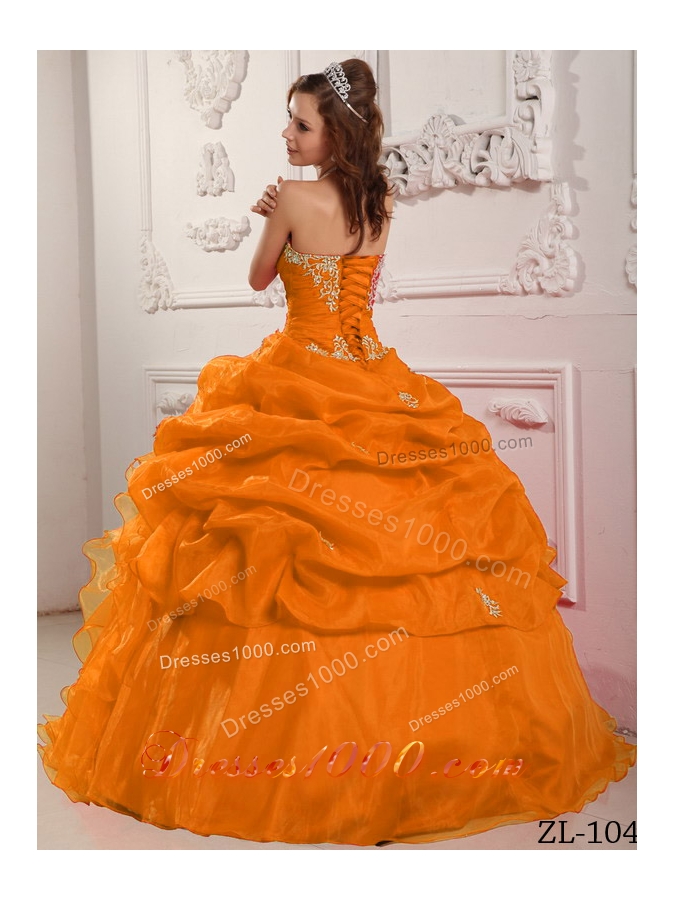 Orange Red Puffy Strapless Organza Beading and Ruffles Dresses Quinceanera
