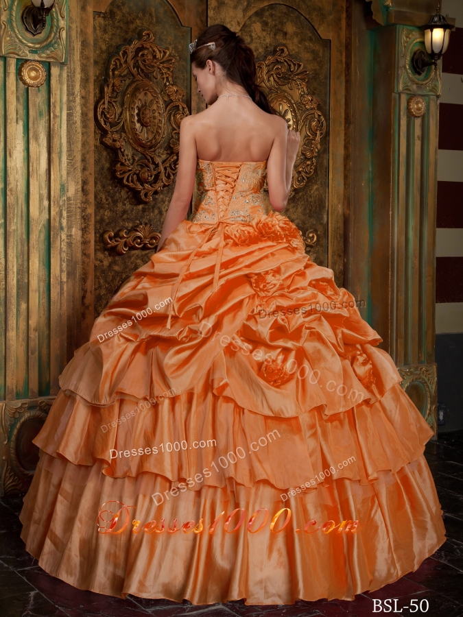 Orange Red Strapless Organza Beading and Flowers Dress For Quinceanera