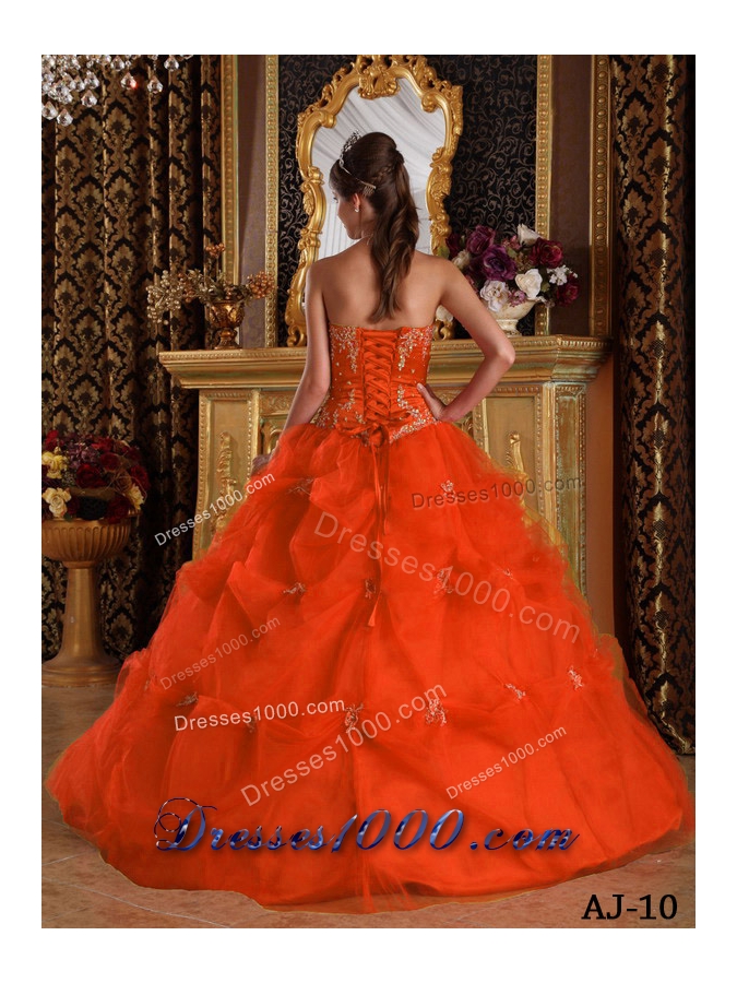 Orange Red Strapless Pick-ups and Appliques Dresses For Quinceaneras
