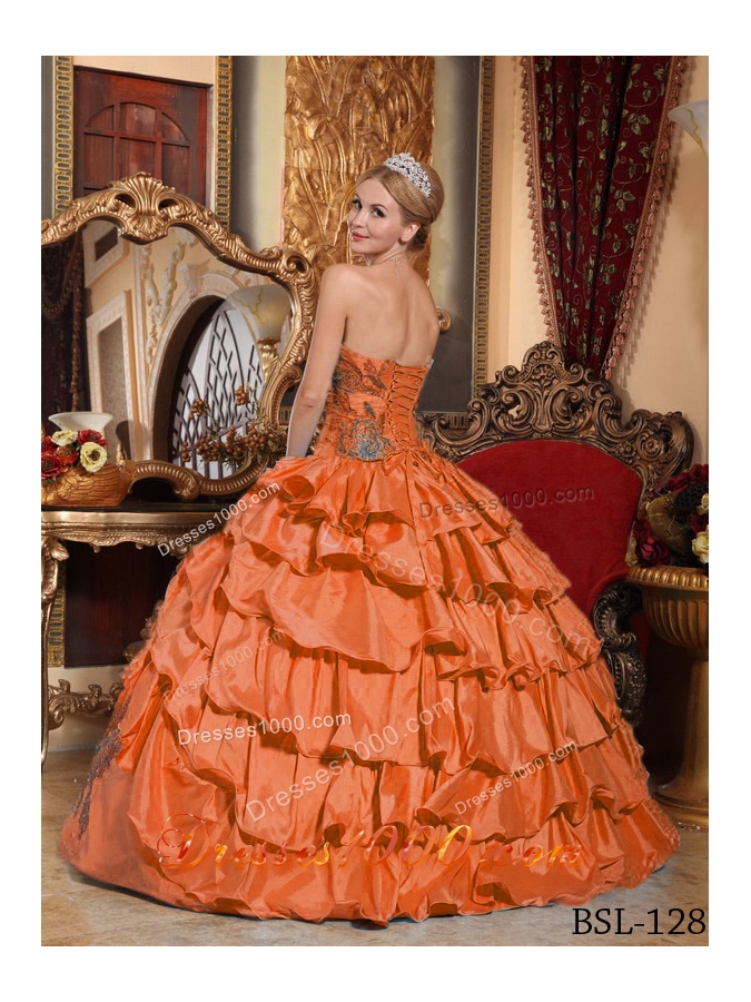 Orange Red Strapless Taffeta Quinceanera Dress with Appliques and Pick-ups