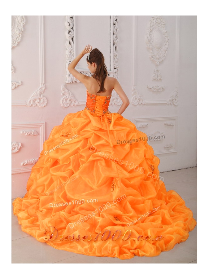 Orange Red Sweetheart Brush Train Taffeta Quinceanera Dress with Beading and Appliques