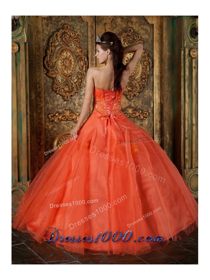 Orange Red Sweetheart Organza Appliques Dress For Quinceaneras