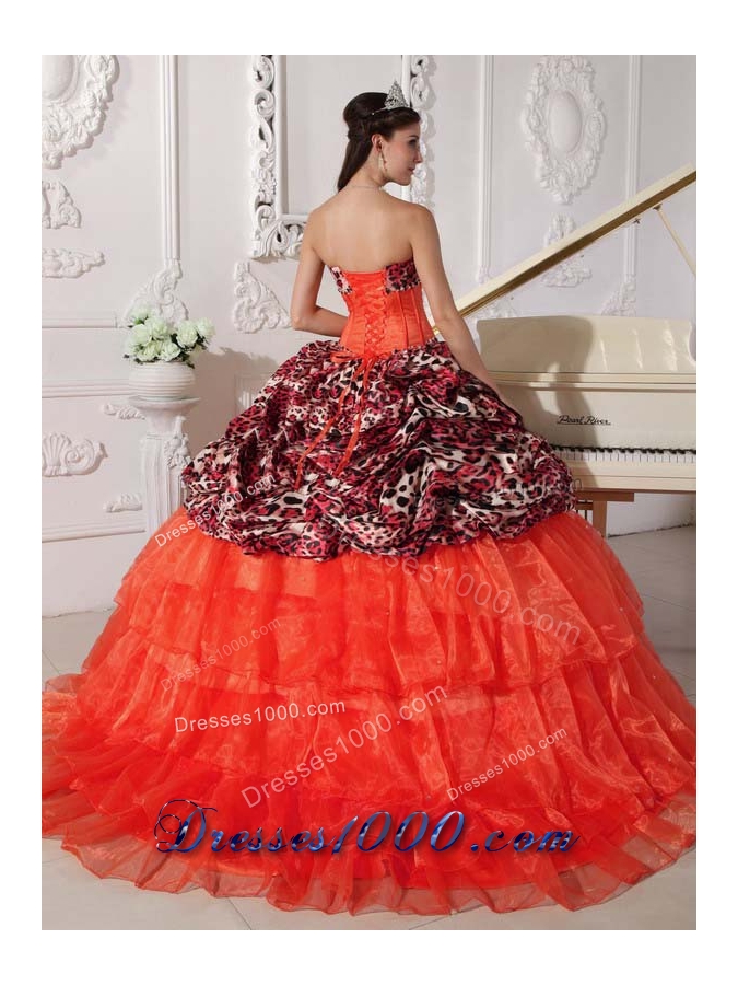 Orange Red Sweetheart Sweep Train Leopard Quinceanera Dresses with Pick-ups and Appliques