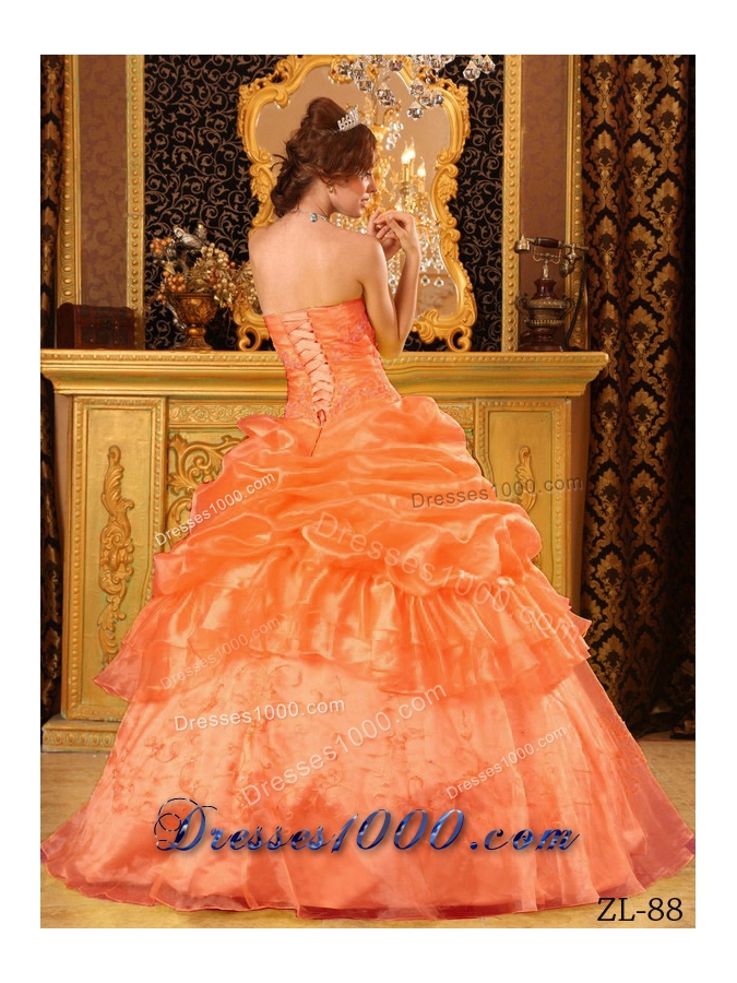 Organza Appliques Orange Red Quinceanera Dress with Pick-ups